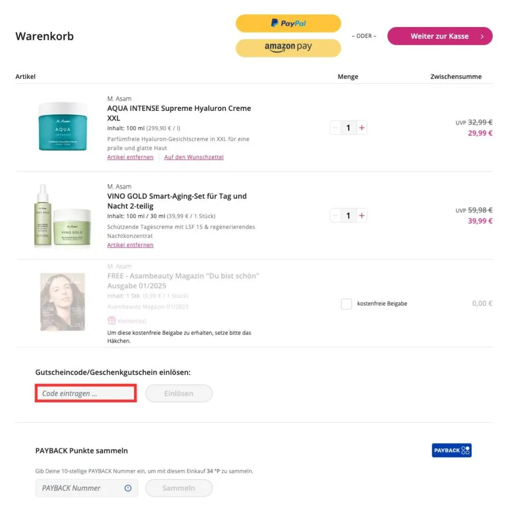 Asambeauty Gutscheincode einlösen