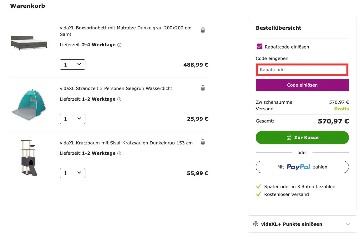vidaXL Rabattcode eingeben