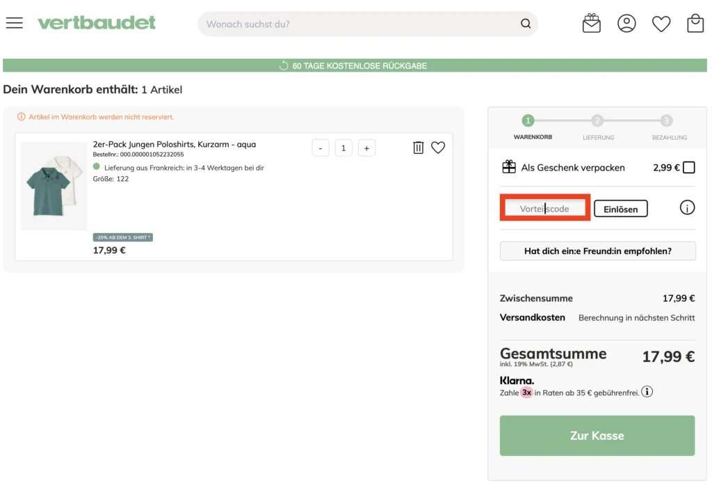 vertbaudet Vorteilscode einlösen