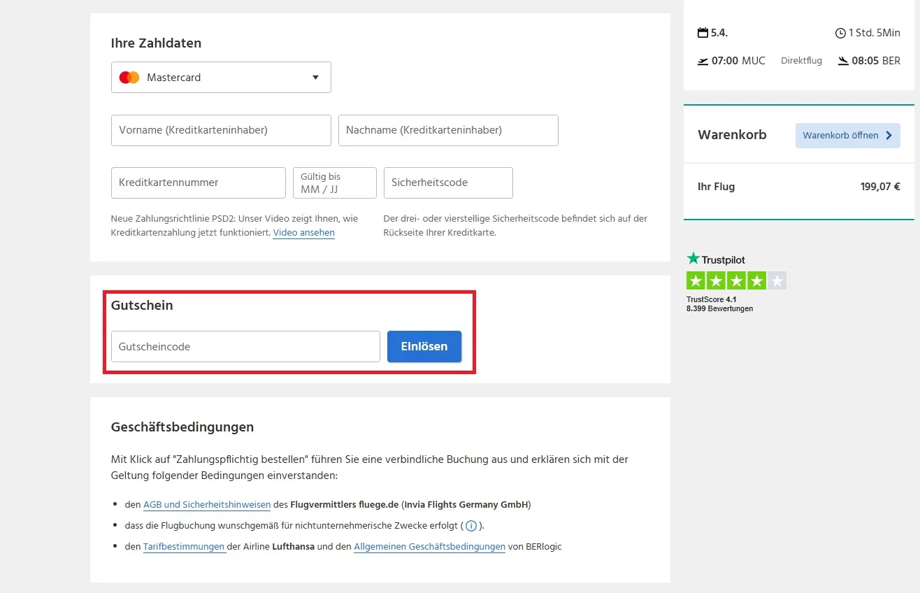 Fluege.de Gutscheincode einlösen