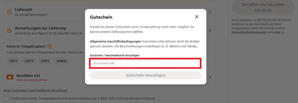Lieferando Gutscheincode einlösen