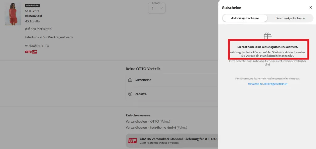 OTTO Aktionsgutschein eingeben