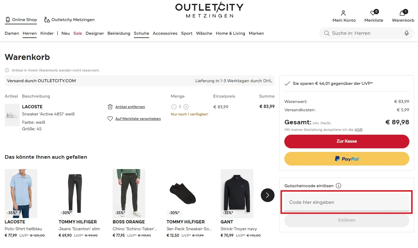 OUTLETCITY Gutscheincode einlösen
