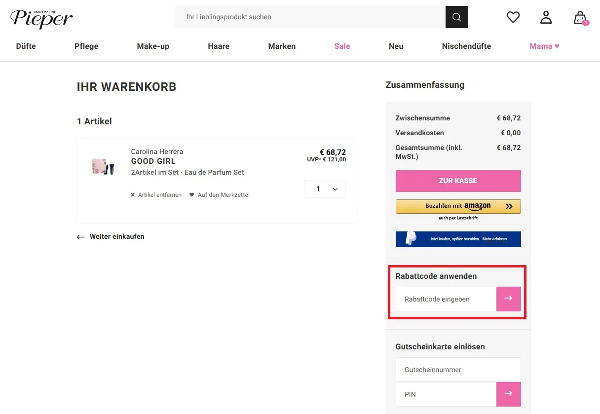 Parfümerie Pieper Rabattcode einlösen