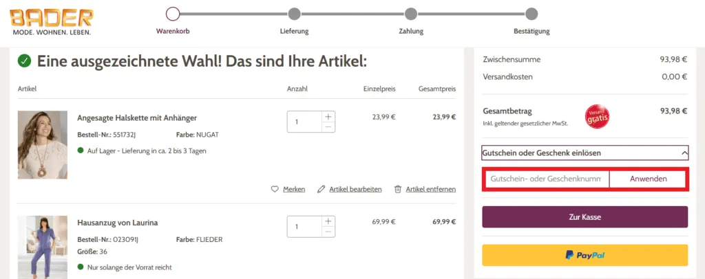 Bader Gutscheinnummer eingeben
