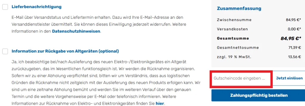 Gutscheincode Pollin eingeben