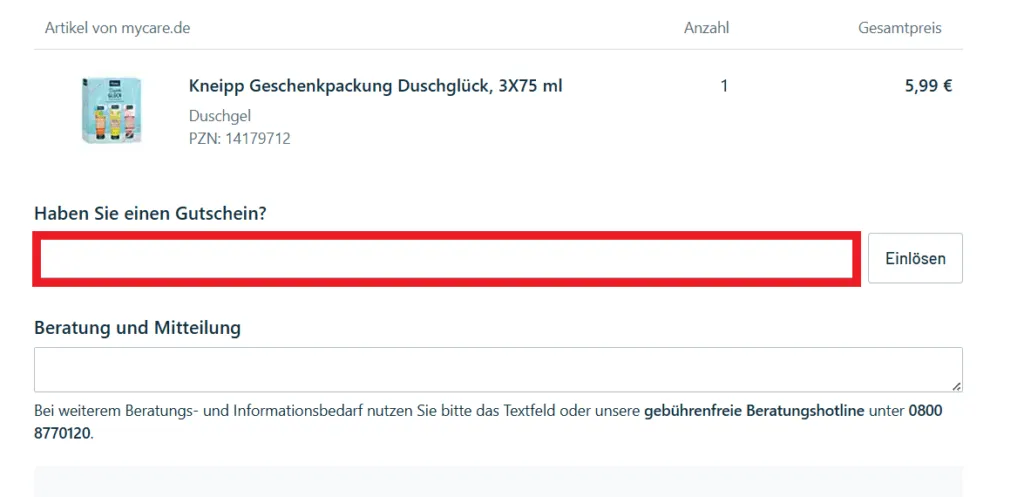 mycare Gutschein eingeben