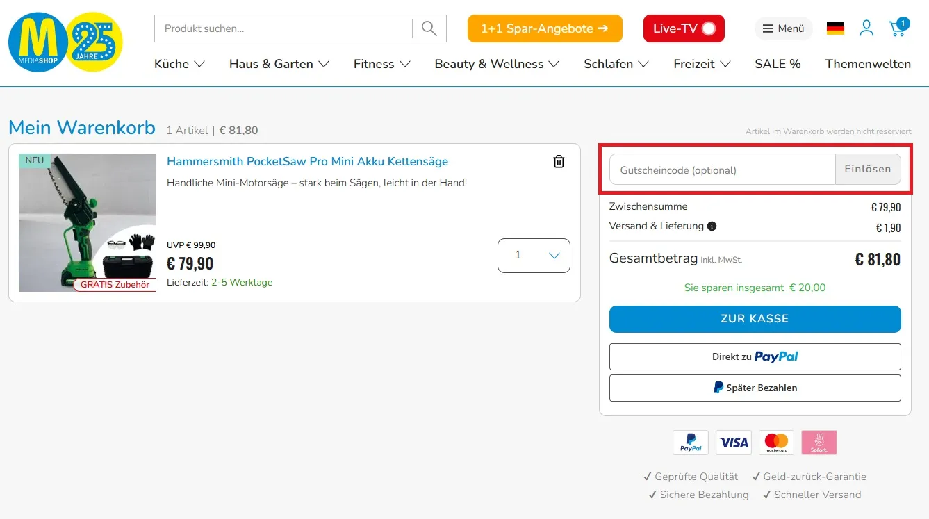 MediaShop Gutscheincode einlösen