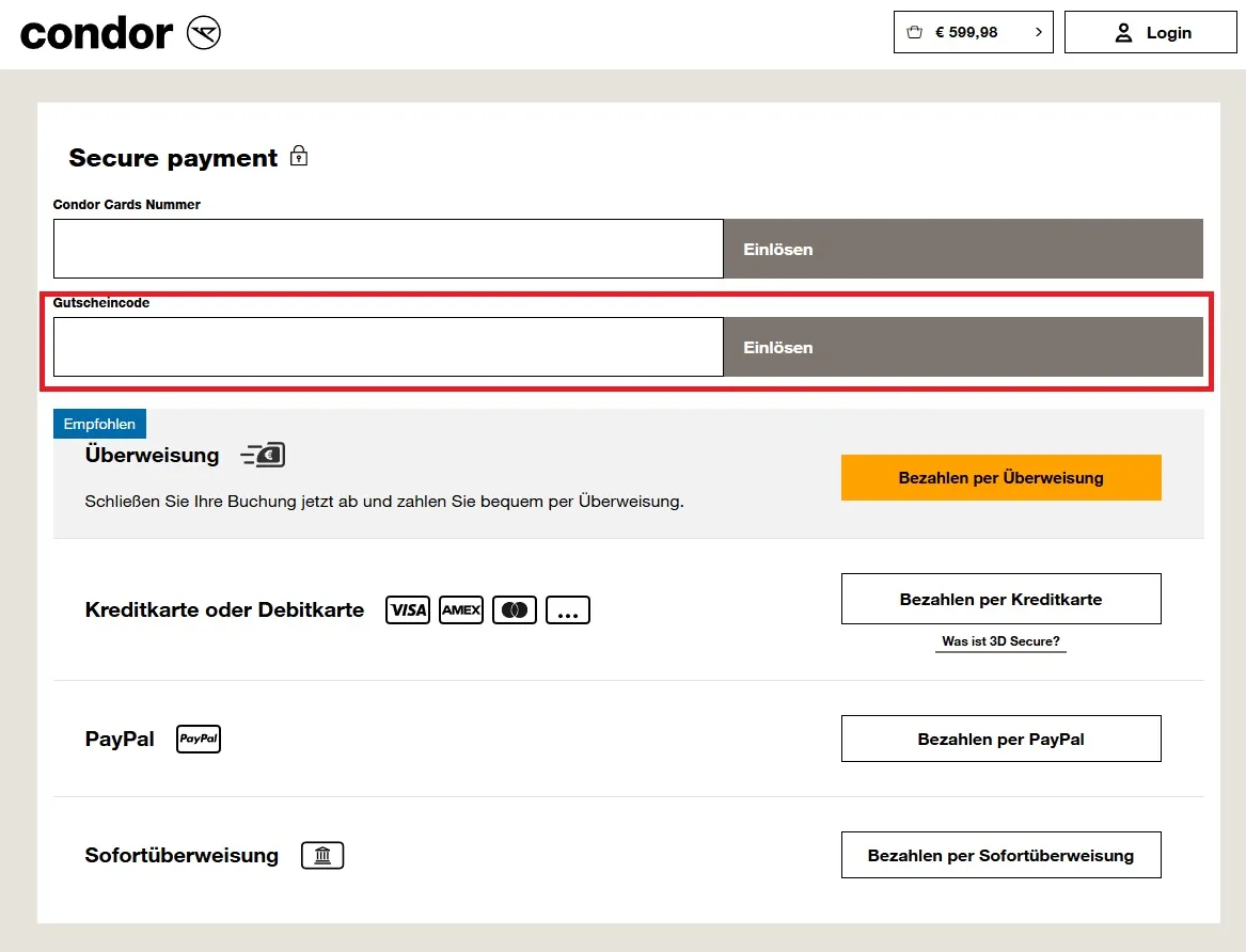 Condor Gutscheincode einlösen