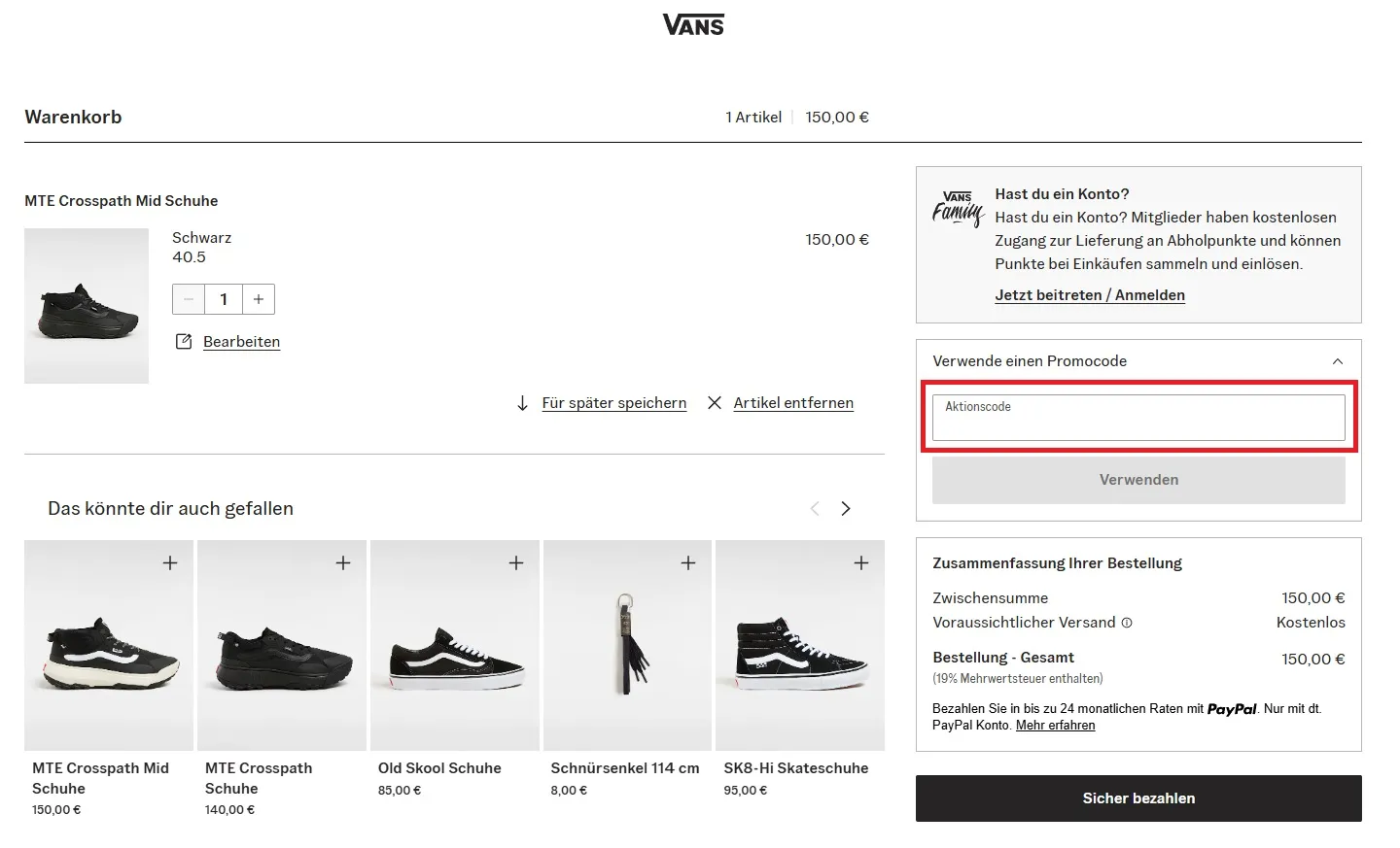 Vans Promocode einlösen