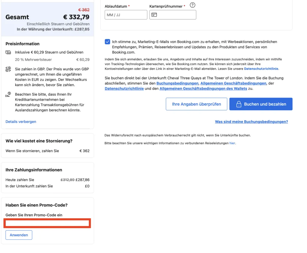 Booking.com Promo-Code eingeben