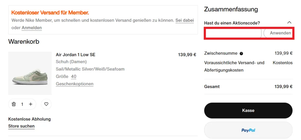 Nike Gutscheincode einlösen
