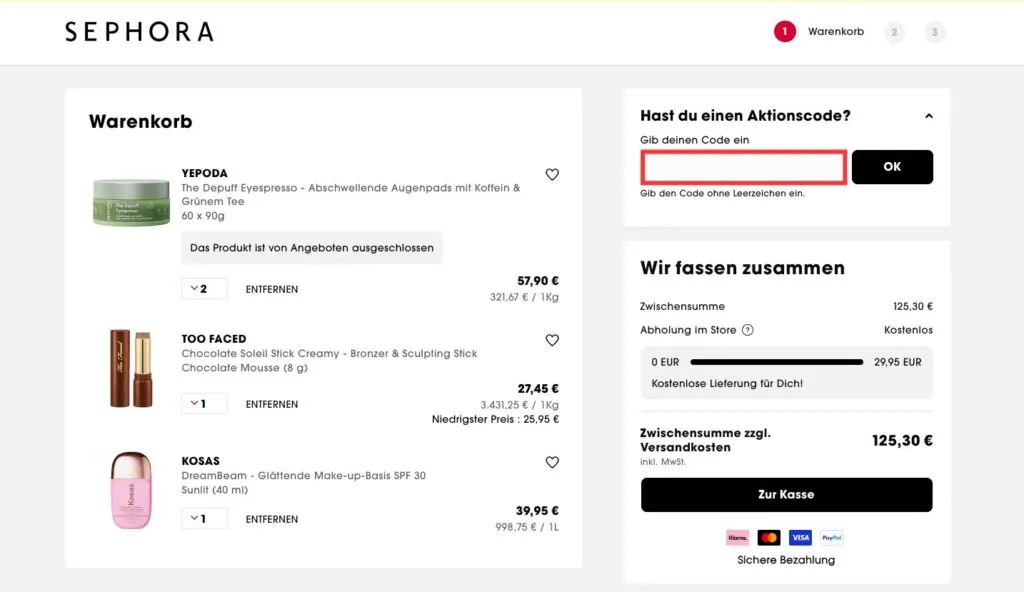 Sephora Aktionscode einloesen