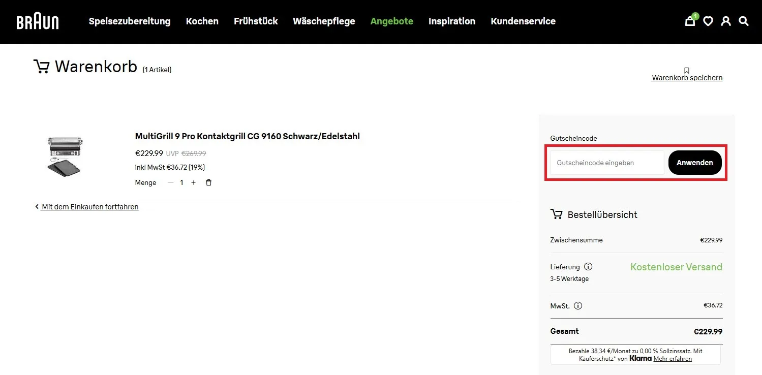 Braun Gutscheincode einloesen