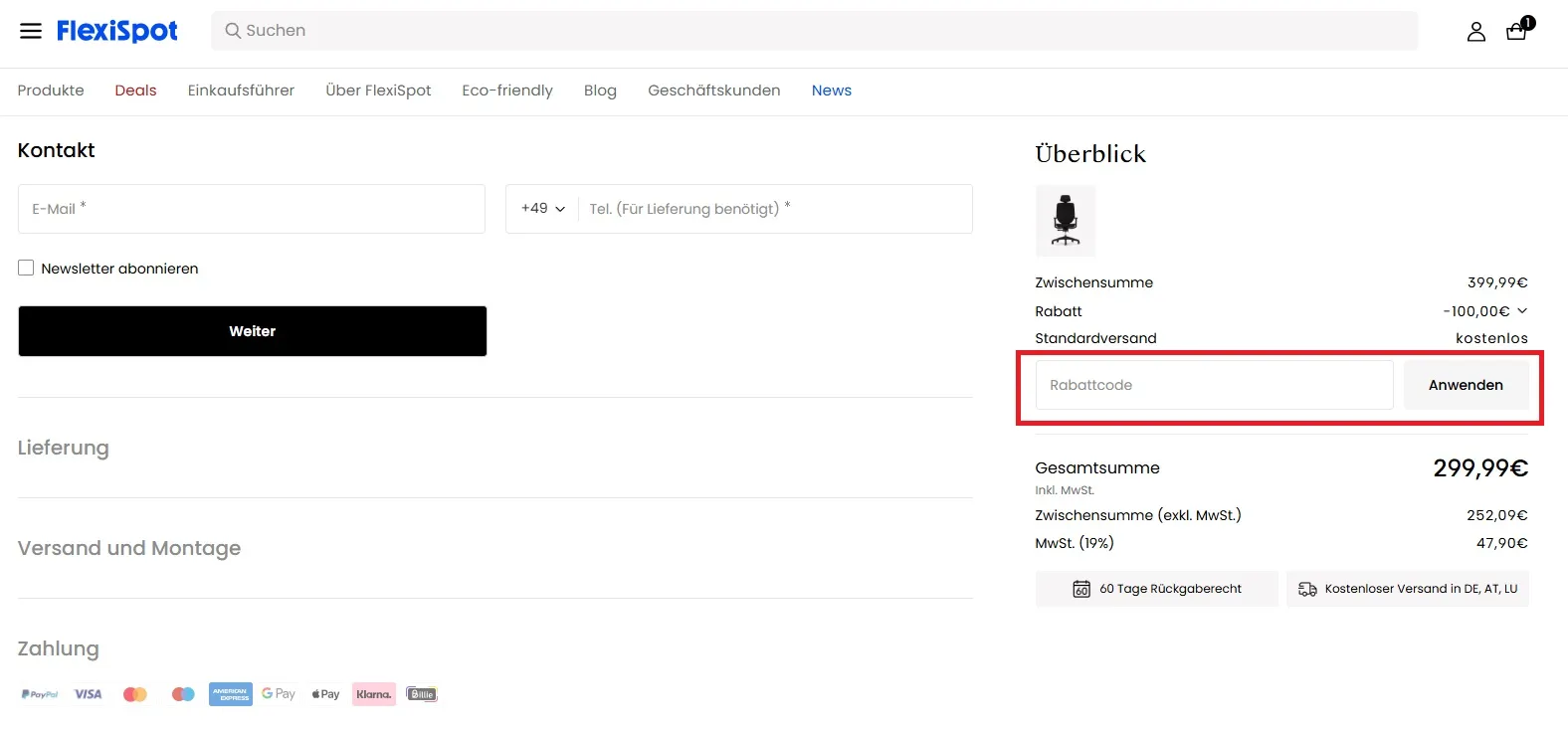 FlexiSpot Rabattcode einlösen