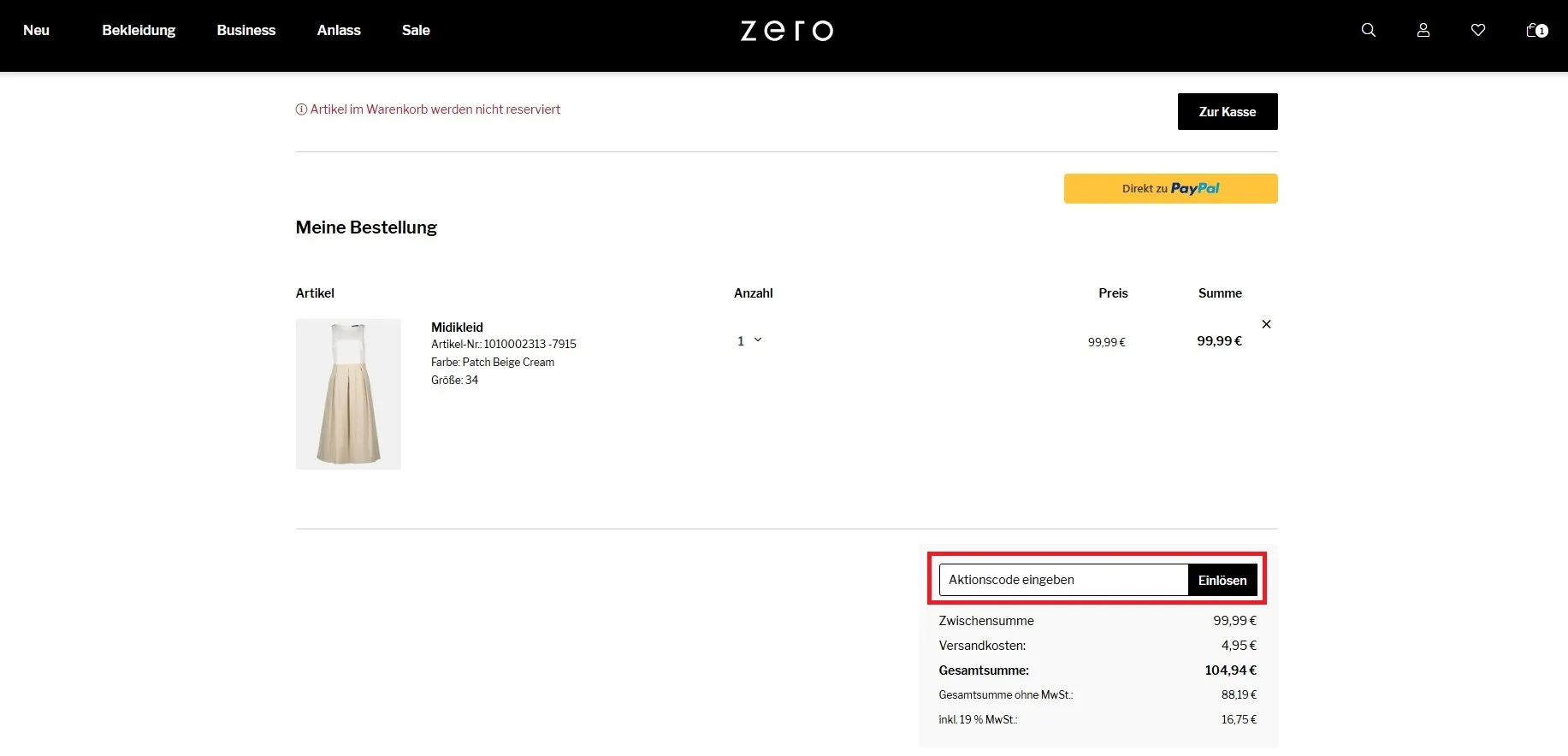 Zero Aktionscode einloesen