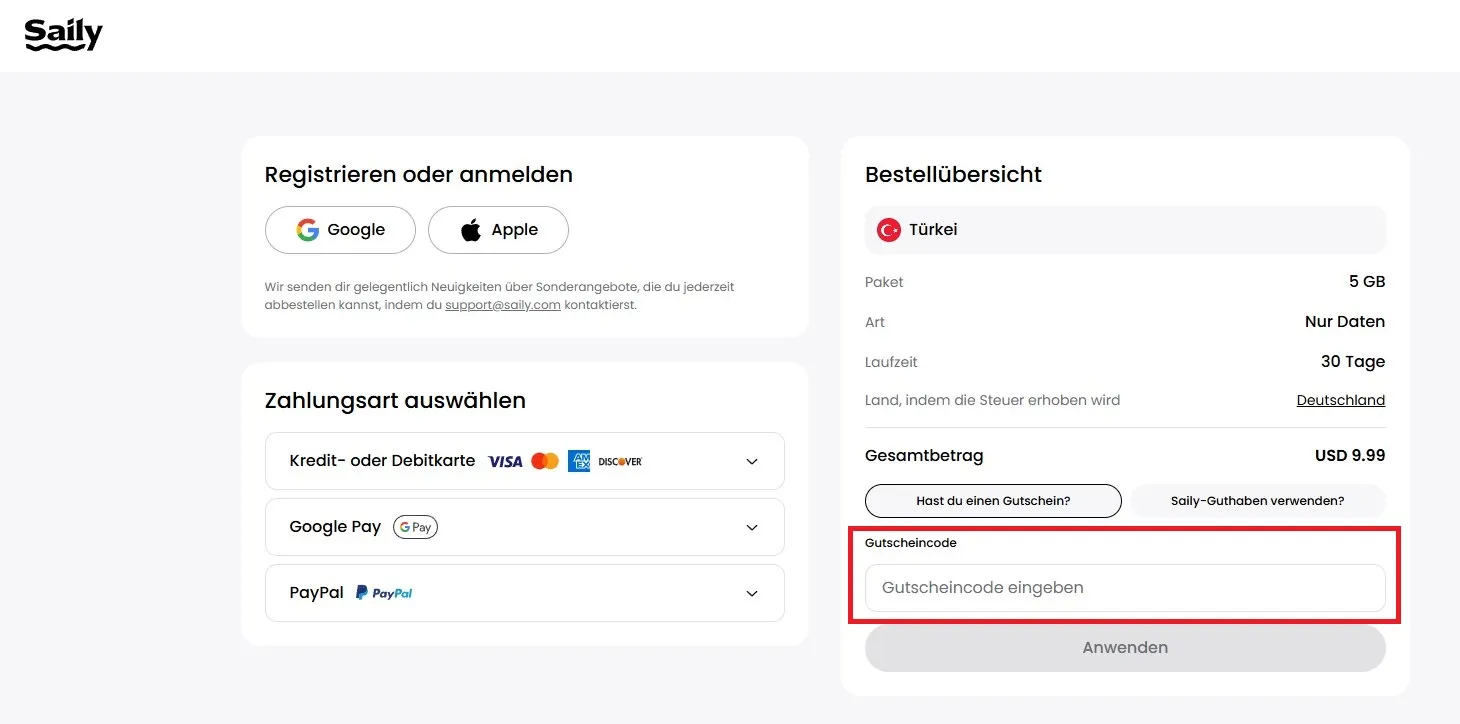 Saily Gutscheincode einloesen
