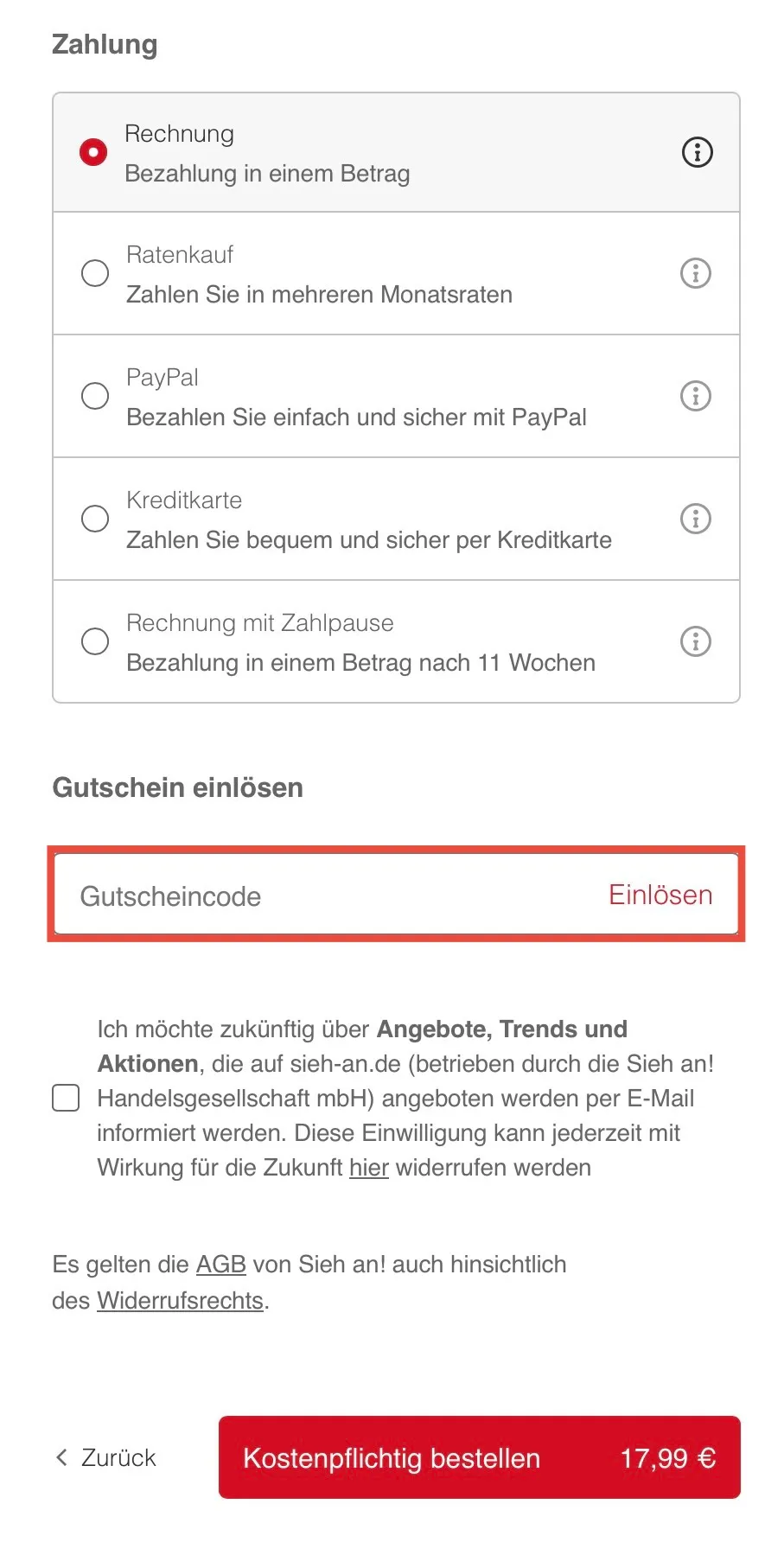 Sieh an Gutscheincode einlösen