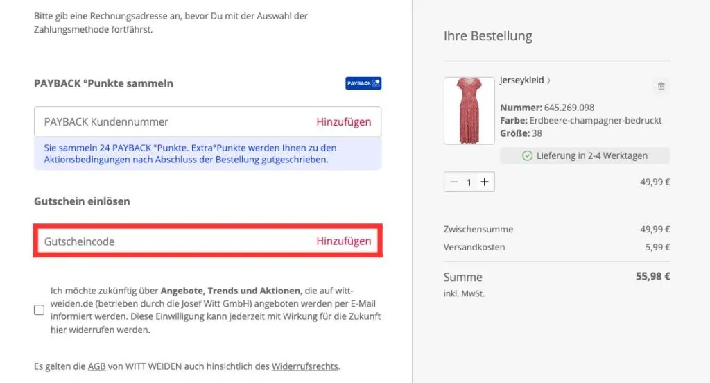 Witt Gutscheincode einlösen