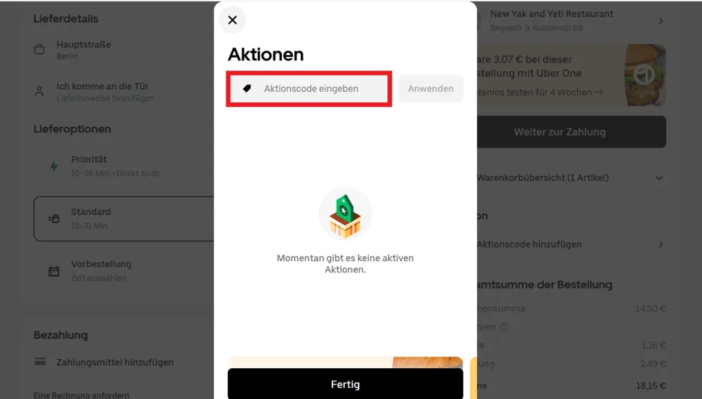 Uber Eats Aktionscode eingeben