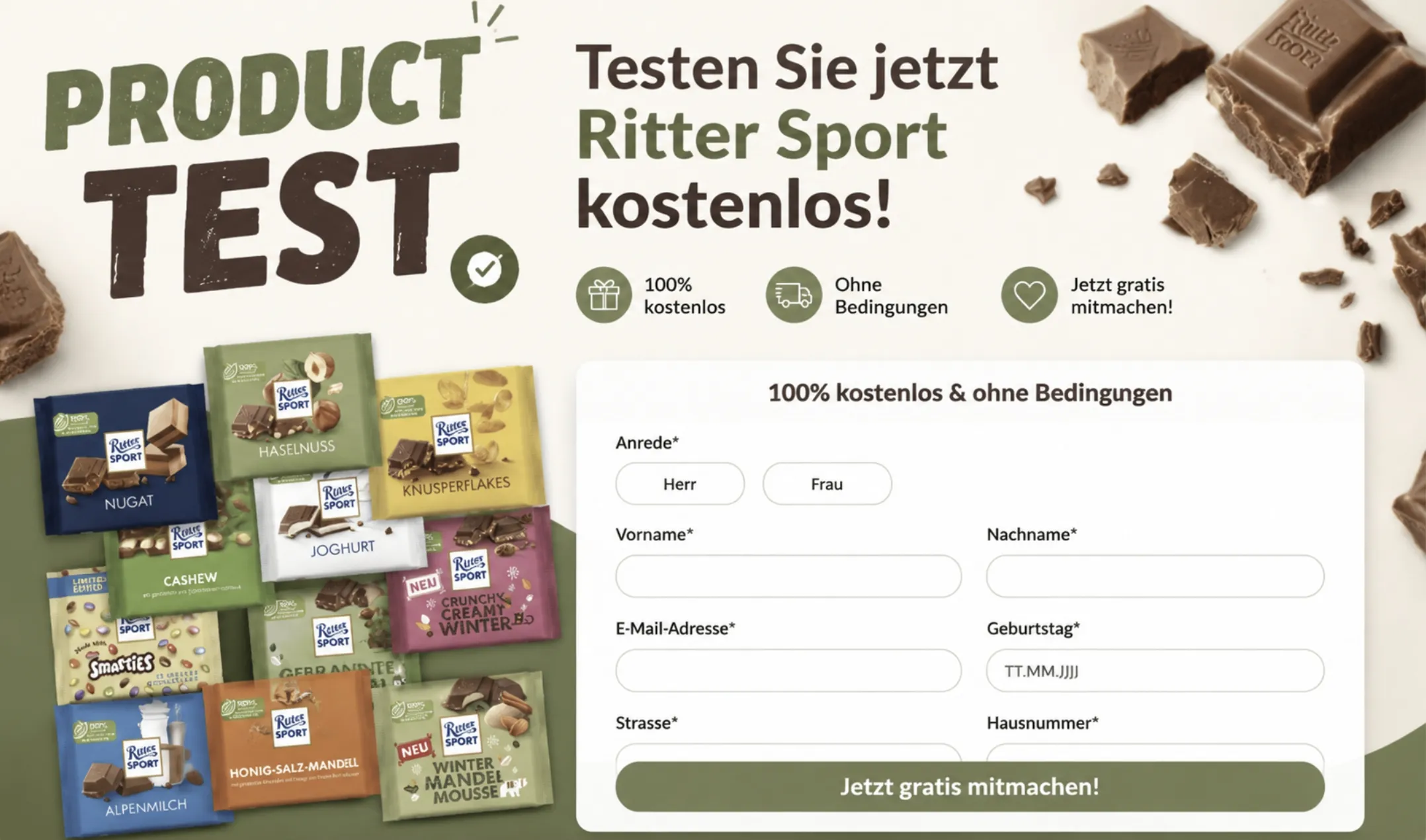 Ritter Sport Produkttest 2026: Schokoladen-Paket kostenlos testen