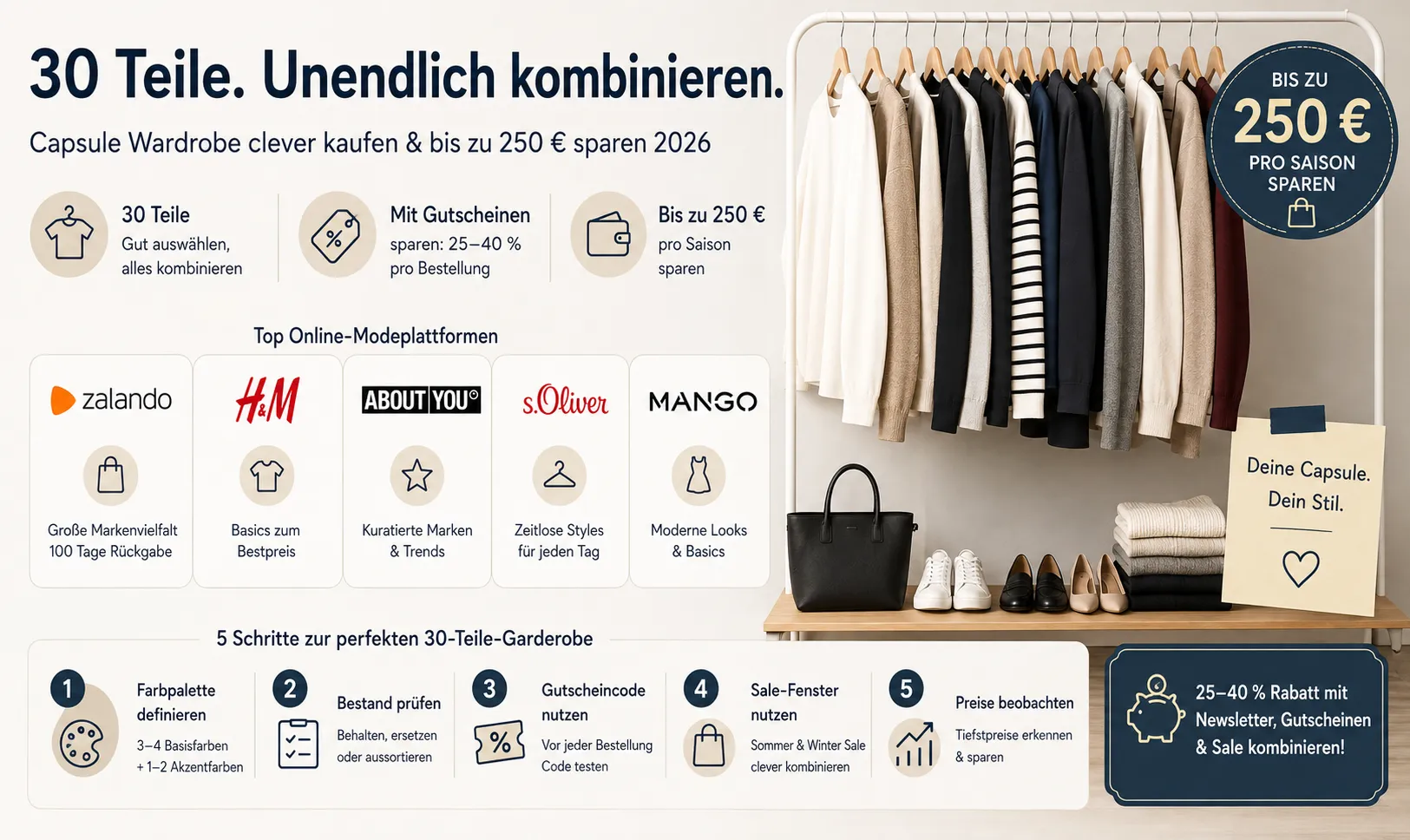 Kleiderschrank für Montag: 30 Teile, die zusammenpassen – mit Gutscheinen 2026 bis 250 € sparen