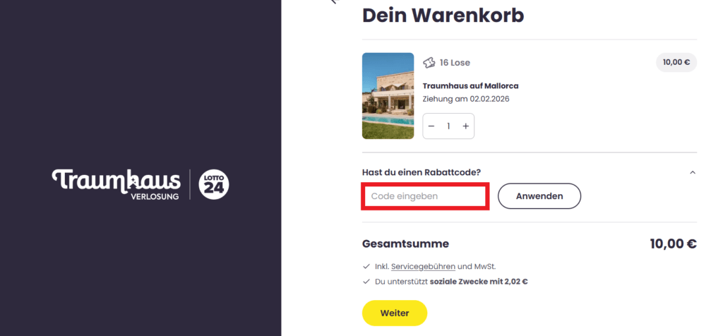 Traumhausverlosung Rabattcode eingeben